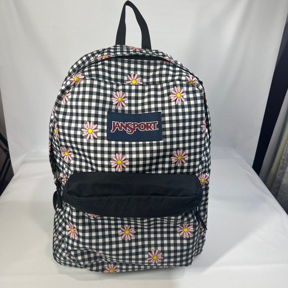 JanSport SuperBreak Gingham Daisy Floral Backpack Black White School‎ Bag Travel - Picture 2 of 9